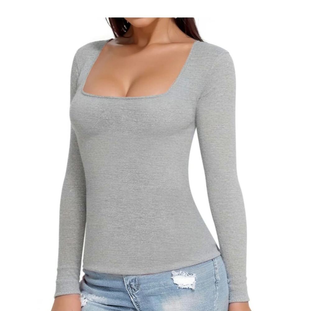 MANGOPOP Shirt Womens SZ XS Gray Square Neck Long Sleeve Fitted Tees - Picture 2 of 8